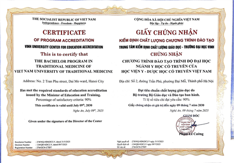 Giấy chứng nhận Kiểm định Chương trình đào tạo Ngành Y học cổ truyền trình độ Đại học chính quy của Học viện Y-Dược học cổ truyền Việt Nam