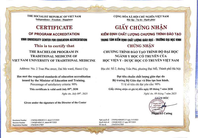 Giấy chứng nhận Kiểm định Chương trình đào tạo Ngành Y học cổ truyền trình độ Đại học chính quy của Học viện Y-Dược học cổ truyền Việt Nam