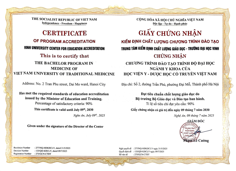 Giấy chứng nhận Kiểm định Chương trình đào tạo Ngành Y khoa trình độ Đại học chính quy của Học viện Y-Dược học cổ truyền Việt Nam